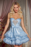 Sparkly Blue Sweetheart Ruffled Satin Short Tiered Homecoming Dress with Bow