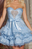 Sparkly Blue Sweetheart Ruffled Satin Short Tiered Homecoming Dress with Bow