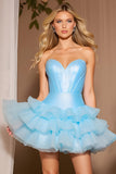 Sparkly Blue Corset Tiered Short Homecoming Dress with Beading
