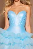 Sparkly Blue Corset Tiered Short Homecoming Dress with Beading