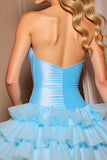 Sparkly Blue Corset Tiered Short Homecoming Dress with Beading
