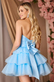 Sparkly Blue Strapless Tiered Short Homecoming Dress with Bow
