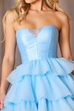 Sparkly Blue Strapless Tiered Short Homecoming Dress with Bow
