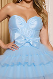 Blue A Line Ruffled Sweetheart Short Homecoming Dress with Bow
