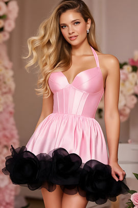 Pink Corset Halter Satin Short Homecoming Dress with Ruffles
