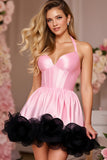 Pink Corset Halter Satin Short Homecoming Dress with Ruffles