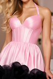 Pink Corset Halter Satin Short Homecoming Dress with Ruffles