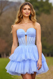 Lilac Corset A Line Short Tiered Homecoming Dress with Bow