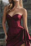 Burgundy Satin Strapless Corset Short Homecoming Dress with Side Cape