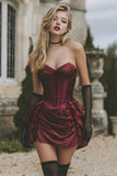 Burgundy Satin Corset Strapless Short Homecoming Dress with Ruffles
