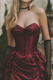 Burgundy Satin Corset Strapless Short Homecoming Dress with Ruffles