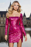 Sparkly Fuchsia Corset Sequin Short Homecoming Dress with Sleeves