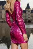 Sparkly Fuchsia Corset Sequin Short Homecoming Dress with Sleeves