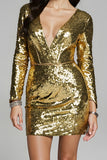 Sparkly Golden Sequin V-Neck Short Homecoming Dress with Sleeves