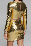 Sparkly Golden Sequin V-Neck Short Homecoming Dress with Sleeves