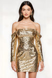 Sparkly Golden Cold Shoulder Sequin Short Homecoming Dress with Sleeves