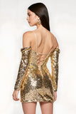 Sparkly Golden Cold Shoulder Sequin Short Homecoming Dress with Sleeves