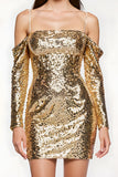Sparkly Golden Cold Shoulder Sequin Short Homecoming Dress with Sleeves