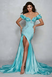 Blue Off the Shoulder Mermaid Long Prom Dress with Slit