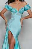 Blue Off the Shoulder Mermaid Long Prom Dress with Slit