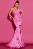 Simple Hot Pink One Shoulder Long Mermaid Prom Dress