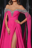 Sparkly Fuchsia Off the Shoulder A Line Long Prom Dress with Slit