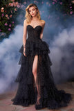Black and White Dot Sweetheart Tiered Long Prom Dress with Slit