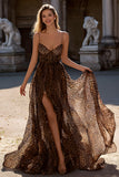 Brown Leopard Spaghetti Straps A Line Long Prom Dress with Slit