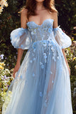 Light Blue Off the Shoulder Floral A Line Long Prom Dress