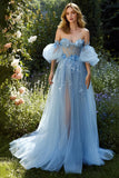 Light Blue Floral A Line Off the Shoulder Long Prom Dress