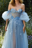 Light Blue Floral A Line Off the Shoulder Long Prom Dress