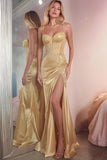 Golden Spaghetti Straps Mermaid Long Prom Dress with Slit