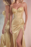 Golden Spaghetti Straps Mermaid Long Prom Dress with Slit
