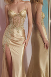 Sparkly Golden Corset Mermaid Long Prom Dress with Slit