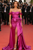 Fuchsia Off the Shoulder Long Gala Dress with Bow