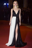 Patchwork Deep V-Neck Long Black and White Dress with Slit