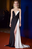 Strapless Patchwork Long Black and White Dress with Slit