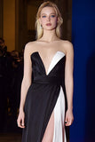 Strapless Patchwork Long Black and White Dress with Slit