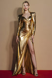 Golden Glitter Ruched Long Sleeves Gala Dress with Slit