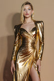 Golden Glitter Ruched Long Sleeves Gala Dress with Slit