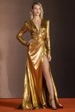 Golden Glitter V-Neck Long Sleeves Gala Dress with Slit