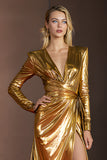 Golden Glitter V-Neck Long Sleeves Gala Dress with Slit