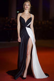 Spaghetti Straps Patchwork Long Black and White Dress with Slit