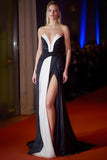 Patchwork Long Strapless Black and White Dress with Slit