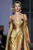 Golden Cold Shoulder Metallic Long Gala Dress with Slit