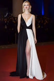 Deep V-Neck A Line Patchwork Long Black and White Dress with Slit