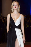 Deep V-Neck A Line Patchwork Long Black and White Dress with Slit