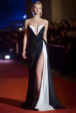 Patchwork Ruched Strapless Long Black and White Dress with Slit