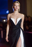 Patchwork Ruched Strapless Long Black and White Dress with Slit