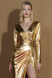 Golden Metallic V-Neck Glitter Long Sleeves Gala Dress with Slit